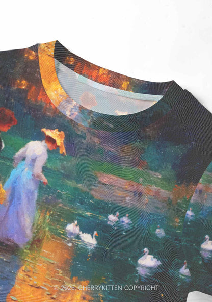 Sunset Pond Swans Pride Y2K Mesh Crop Top Cherrykitten