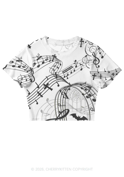 Halloween Gothic Music Note Cross Bat Y2K Mesh Crop Top Cherrykitten