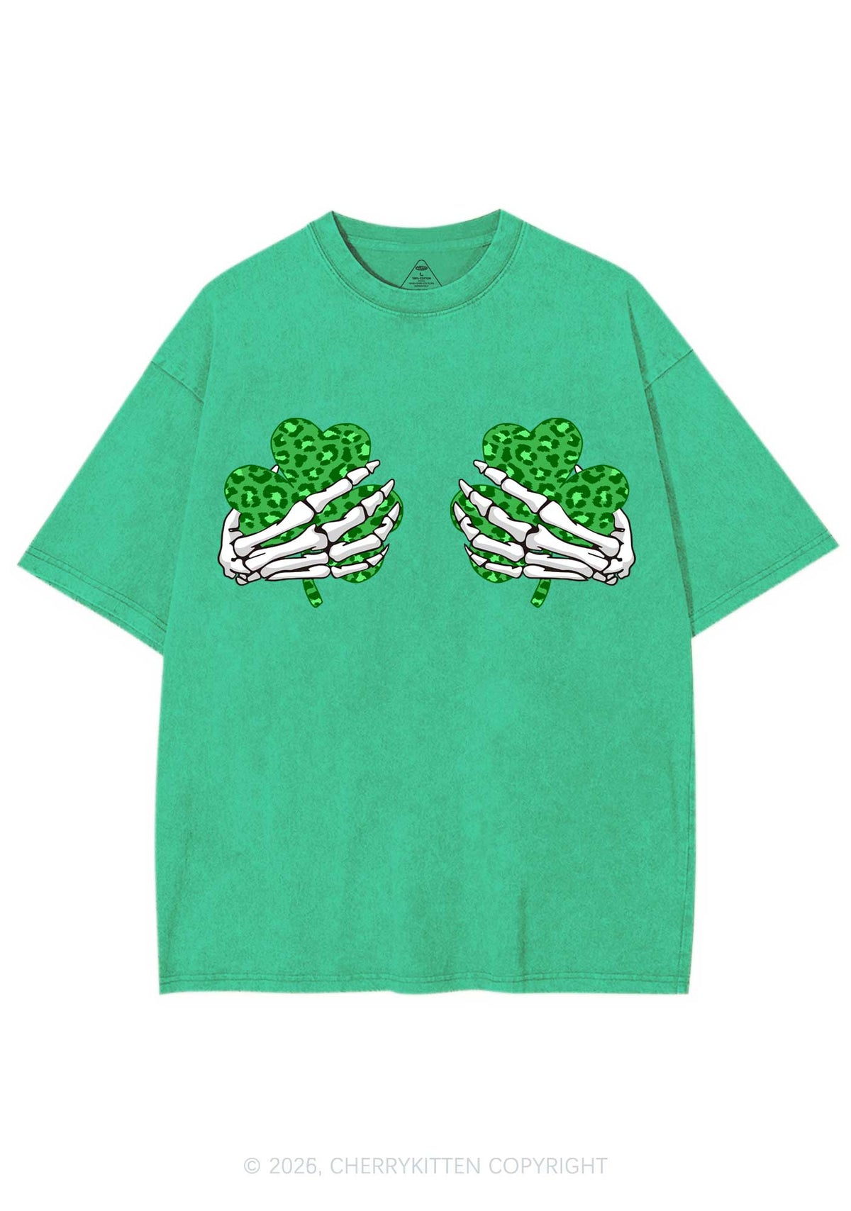 Skeleton Leopard Shamrock St Patricks Y2K Shirts Washed Tee Cherrykitten