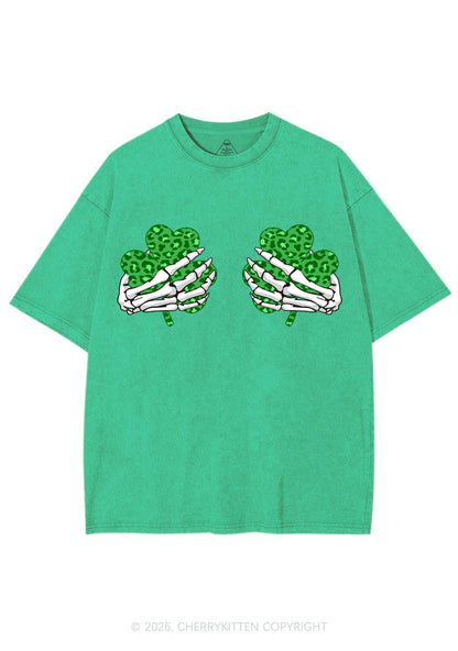 Skeleton Leopard Shamrock St Patricks Y2K Shirts Washed Tee Cherrykitten