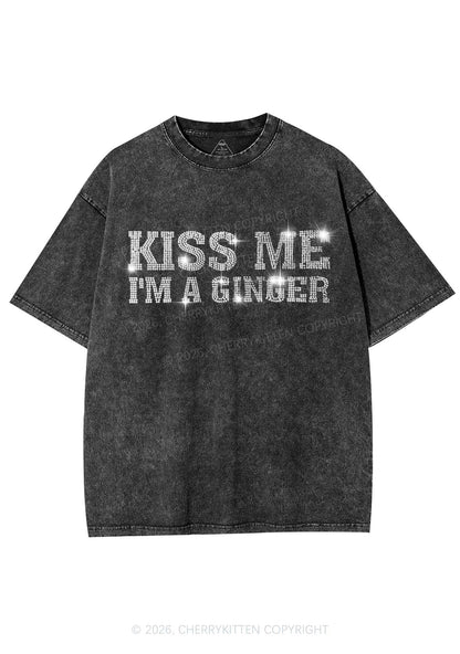 Rhinestone Kiss Me Im Ginger St Patricks Y2K Shirts Washed Tee Cherrykitten