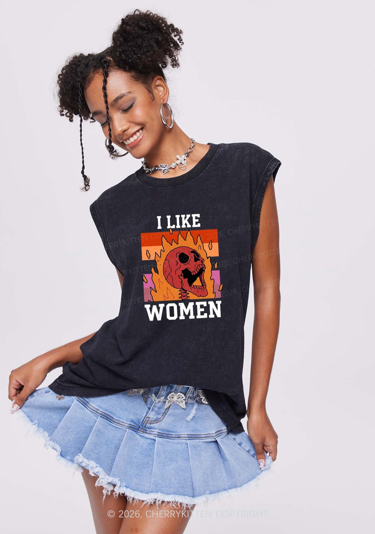 I Like Women Skull Pride Y2K Washed Muscle Tank Cherrykitten