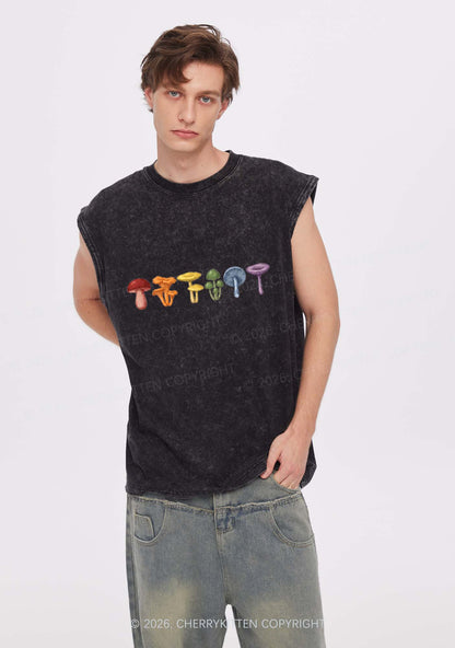 Rainbow Mushroom Pride Y2K Washed Muscle Tank Cherrykitten