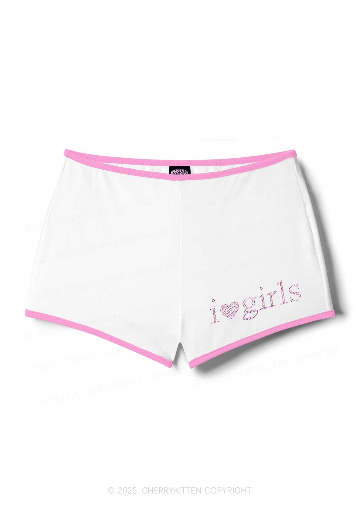 Rhinestone Pink I Love Girls Y2K Booty Shorts Cherrykitten