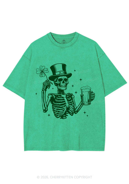 Green Skeleton St Patricks Y2K Shirts Washed Tee Cherrykitten