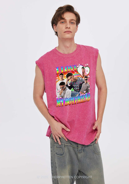 Custom I Love My Gay BF Pride Y2K Washed Muscle Tank Cherrykitten