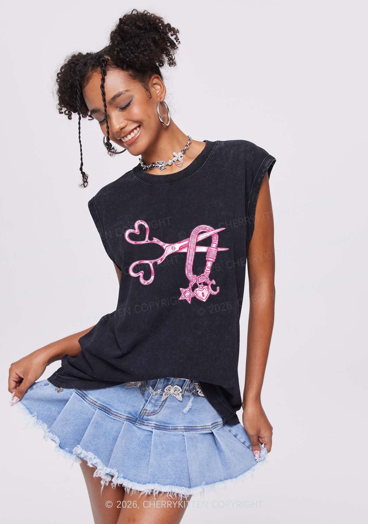 Pink Scissors Lock Charm Pride Y2K Washed Muscle Tank Cherrykitten