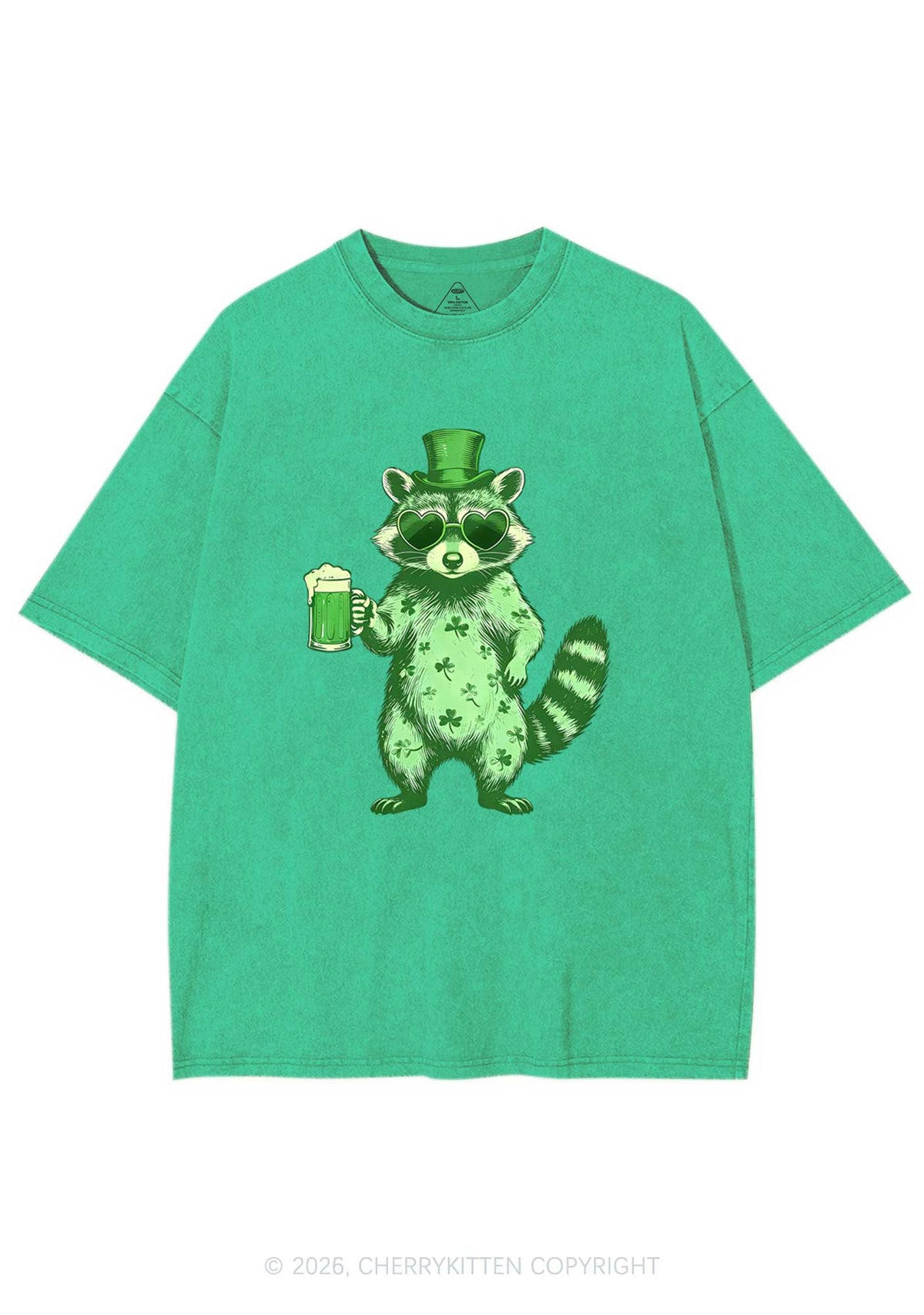 Green Feral Raccoon St Patricks Y2K Shirts Washed Tee Cherrykitten