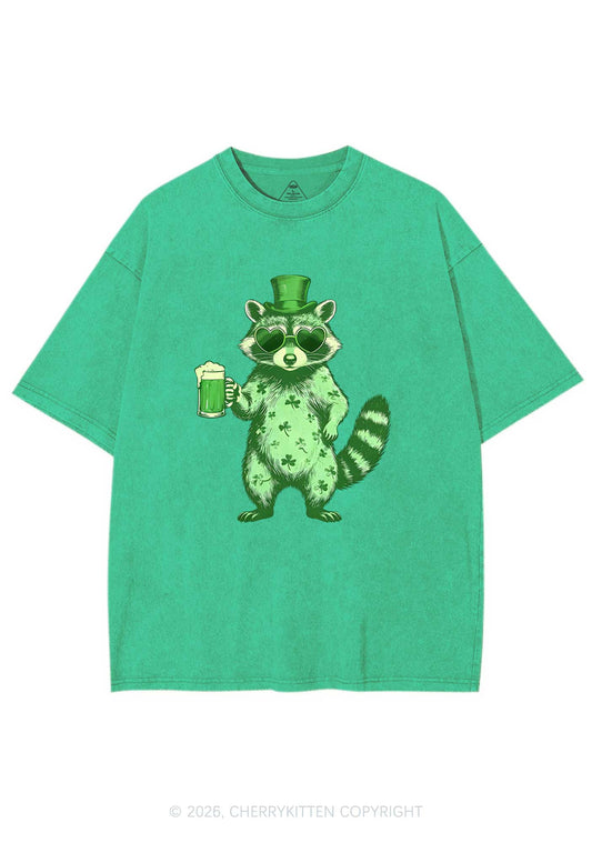 Green Feral Raccoon St Patricks Y2K Shirts Washed Tee Cherrykitten