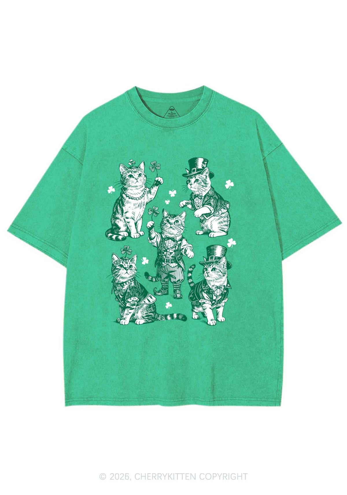 Green Lucky Cats St Patricks Y2K Shirts Washed Tee Cherrykitten