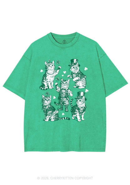 Green Lucky Cats St Patricks Y2K Shirts Washed Tee Cherrykitten