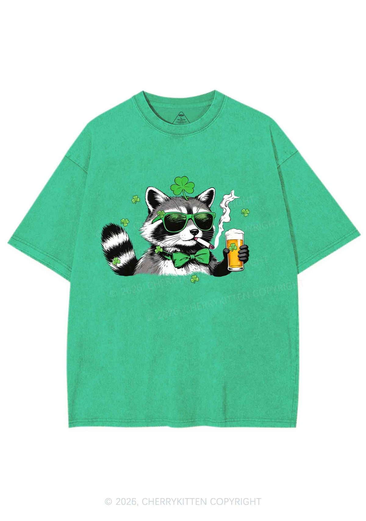 Shamrock Smoke Raccoon St Patricks Y2K Shirts Washed Tee Cherrykitten