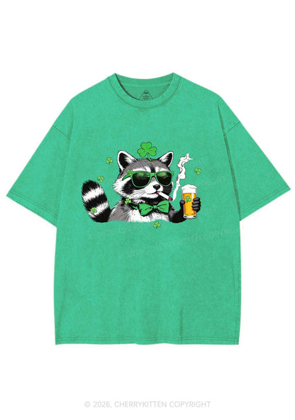Shamrock Smoke Raccoon St Patricks Y2K Shirts Washed Tee Cherrykitten