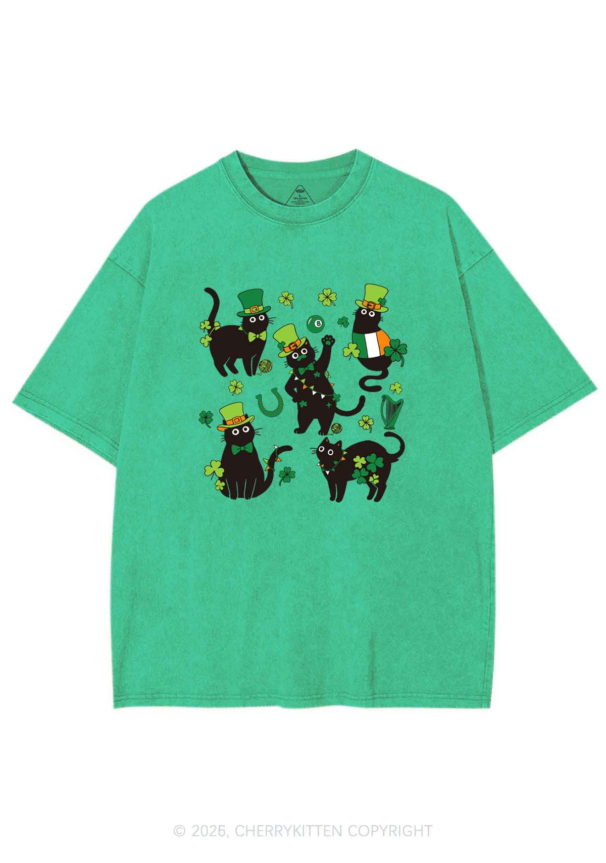 Shamrock Dancing Cats St Patricks Y2K Shirts Washed Tee Cherrykitten