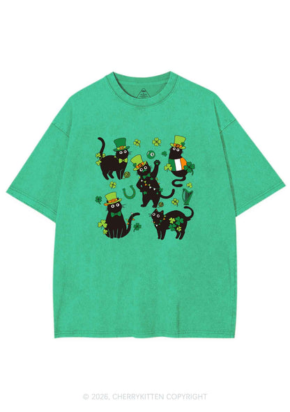 Shamrock Dancing Cats St Patricks Y2K Shirts Washed Tee Cherrykitten