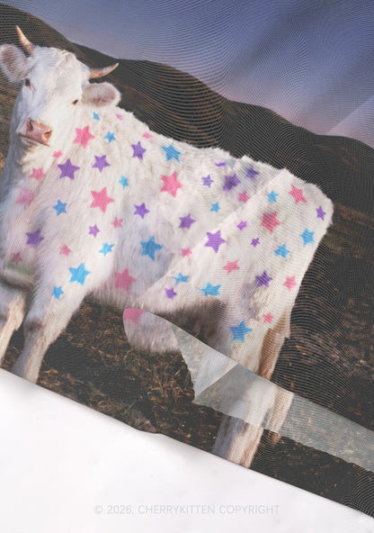 Pastel Star Cow Y2K Mesh Crop Top Cherrykitten