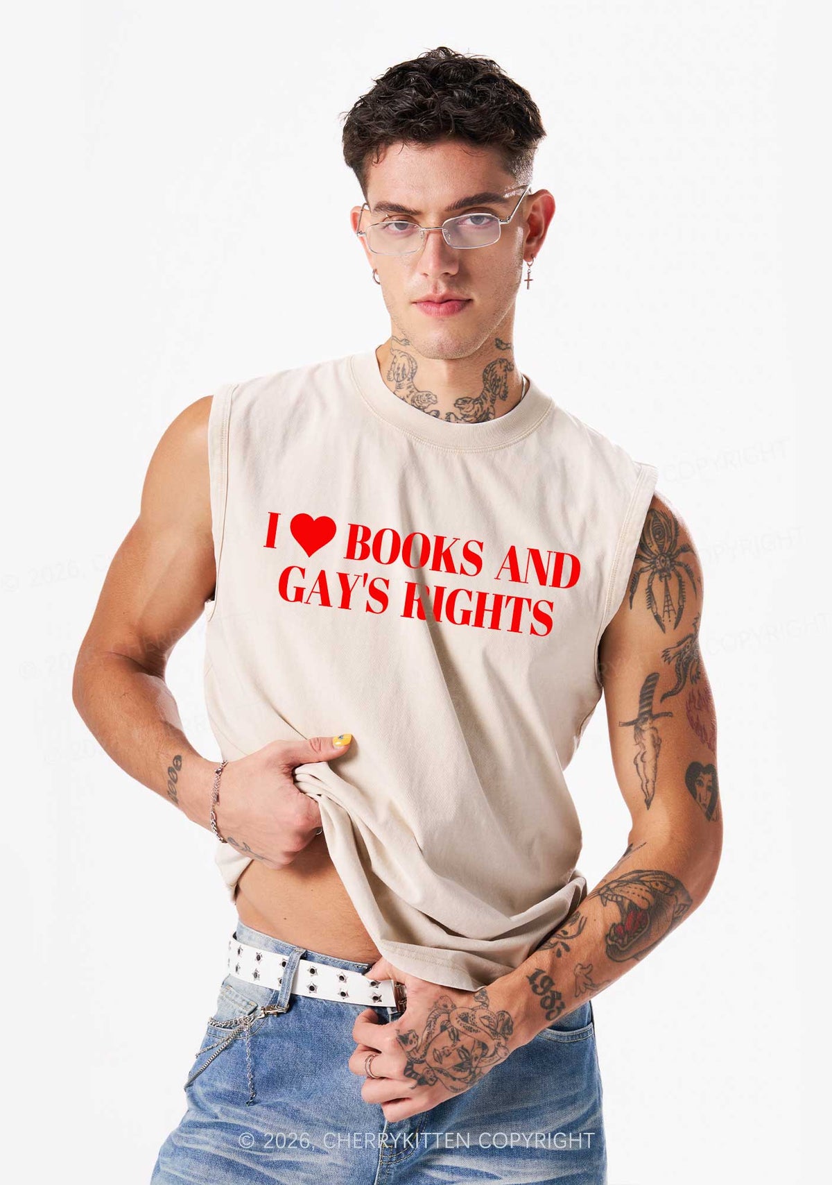 I Love Books And Gay Rights Pride Y2K Washed Muscle Tank Cherrykitten