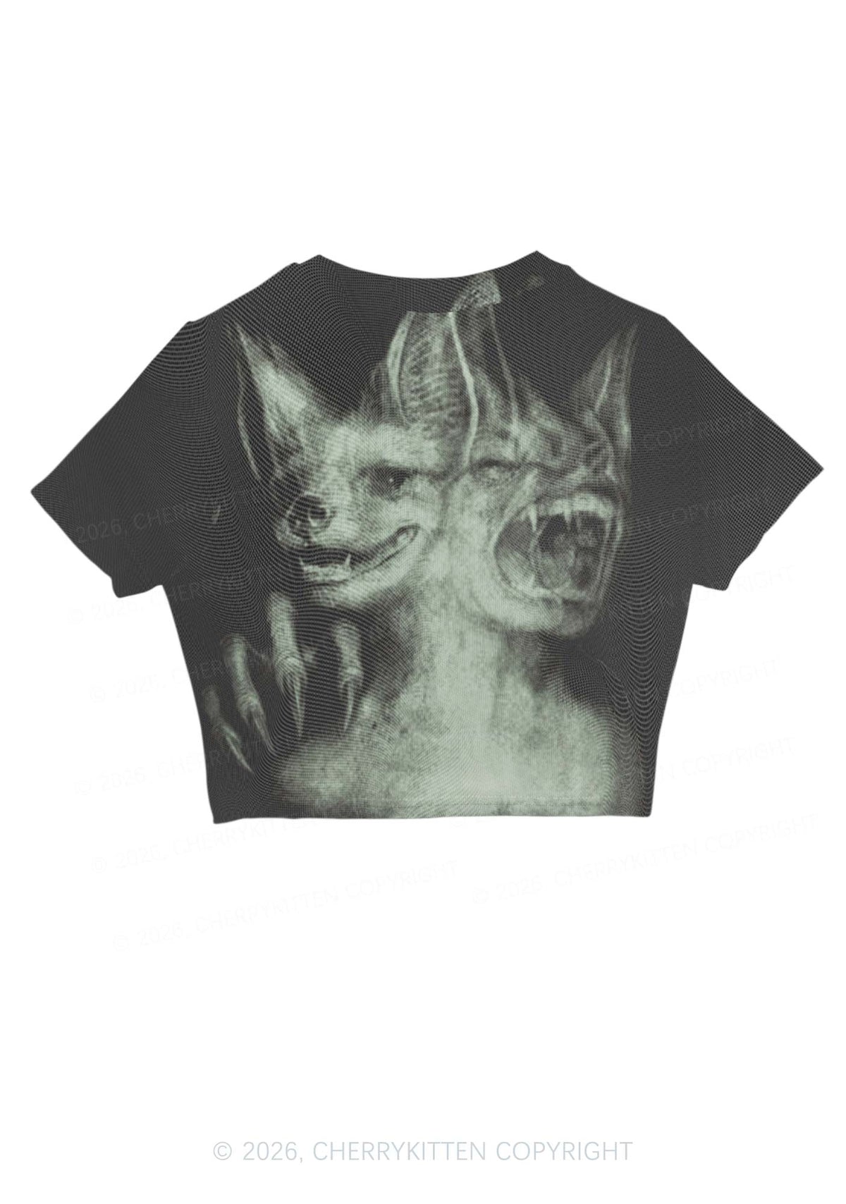Halloween Two Head Monster Y2K Mesh Crop Top Cherrykitten