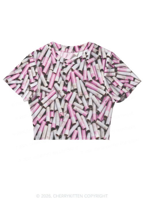 Pink White Cigarette Y2K Mesh Crop Top Cherrykitten