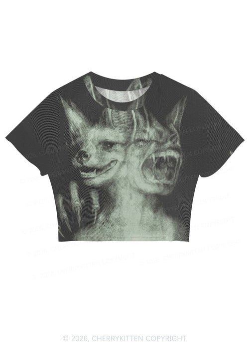 Halloween Two Head Monster Y2K Mesh Crop Top Cherrykitten