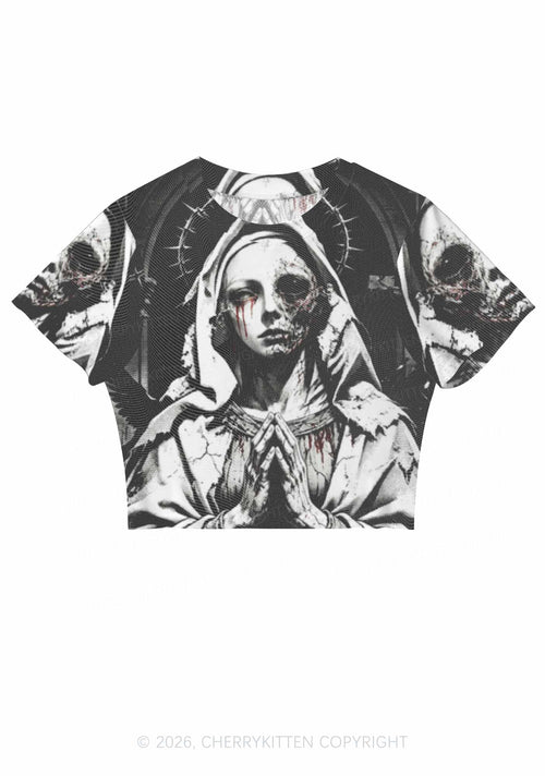 Halloween Decaying Prayer Figure Y2K Mesh Crop Top Cherrykitten