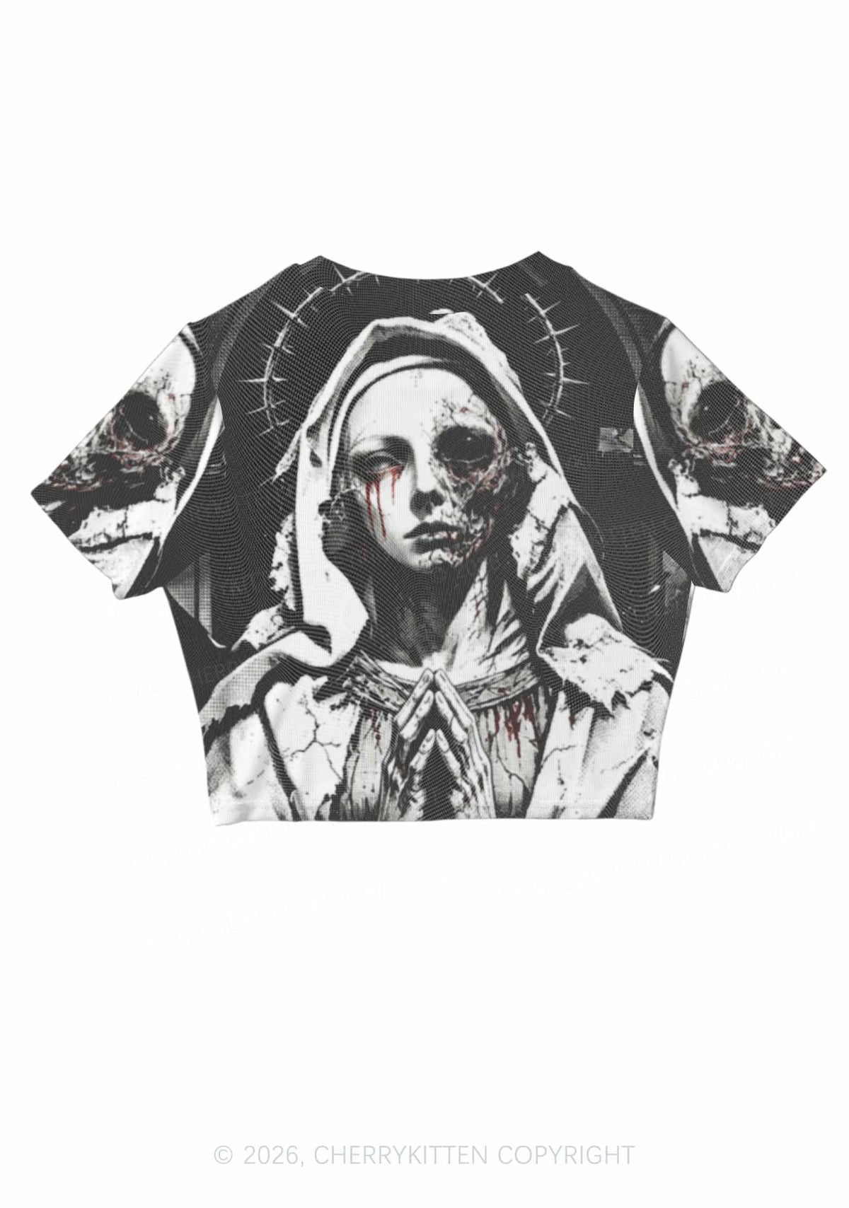 Halloween Decaying Prayer Figure Y2K Mesh Crop Top Cherrykitten