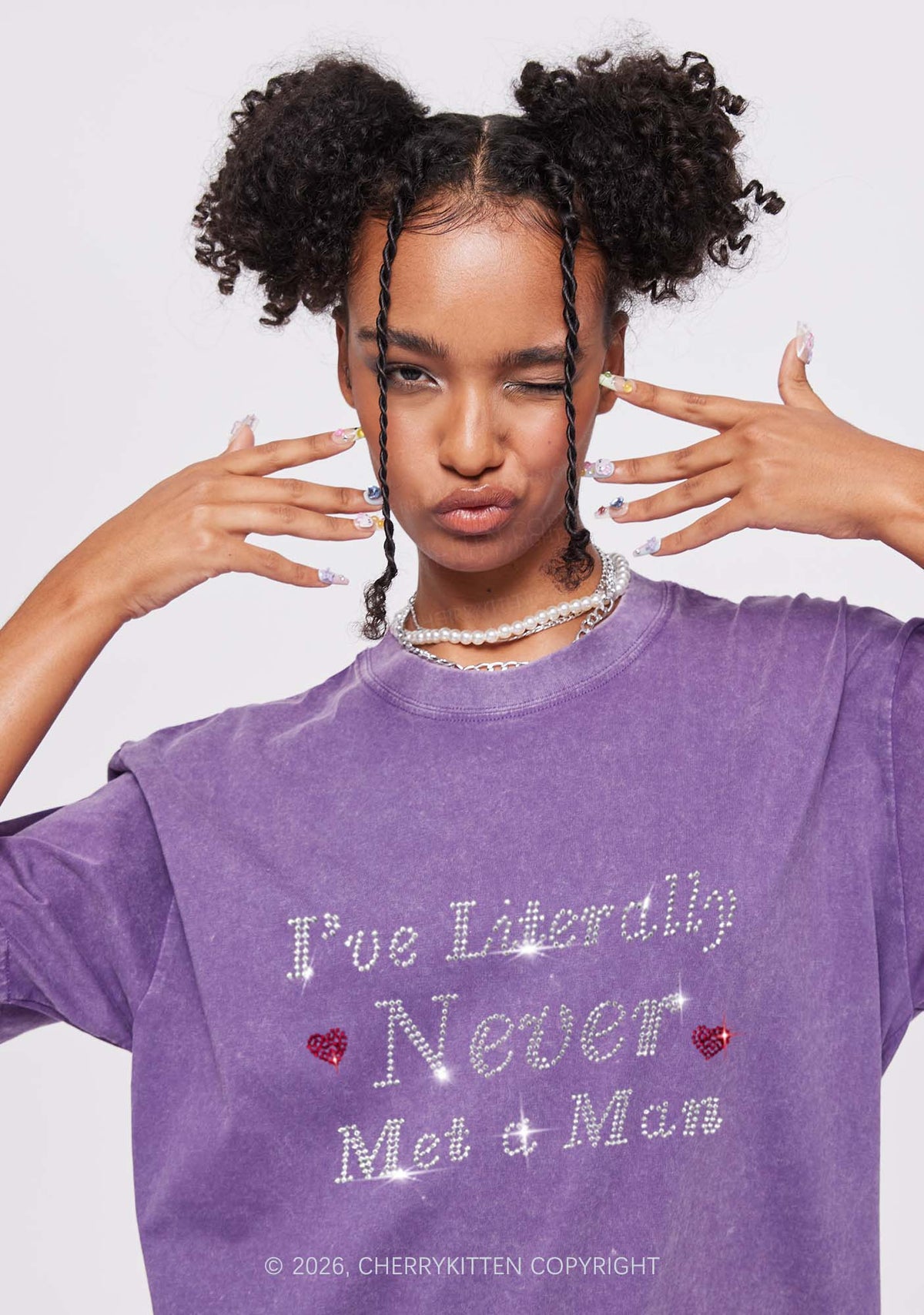 Rhinestone Never Met A Man Pride Y2K Shirts Washed Tee Cherrykitten